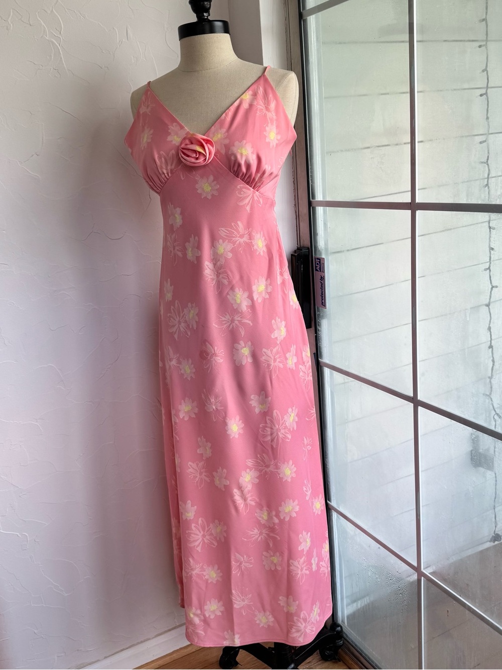 Y2K Pink Floral Maxi Dress Rosette Fairy Coquette Slip Dress